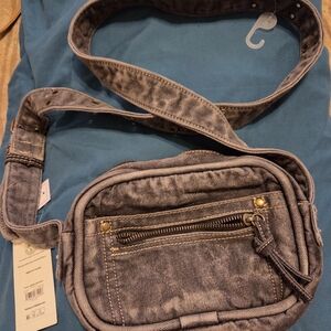 No Boundaries Gray Denim Belt Bag with Front Zip Pocket